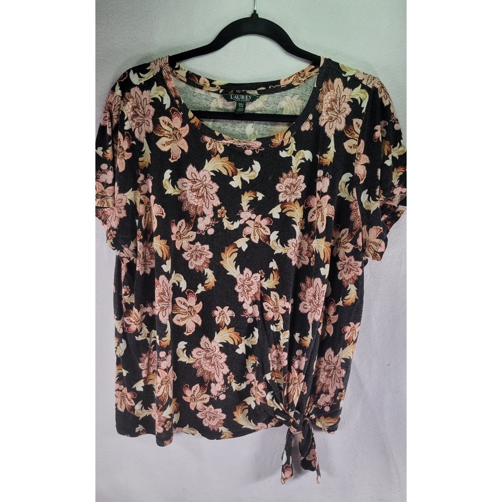 Lauren Ralph Lauren Women's Plus 2X Black Floral Tie Hem Tunic T-Shirt Top Style